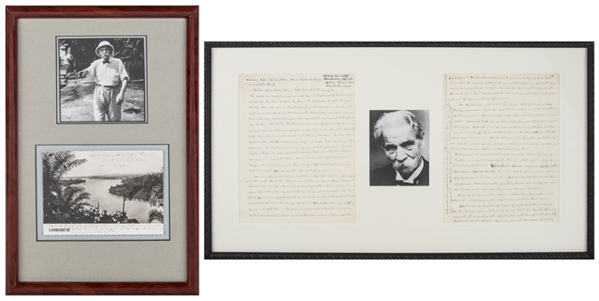 Lot of (2) Albert Schweitzer Signed Handwritten Letter & Post Card With Photos In Framed Displays (JSA)